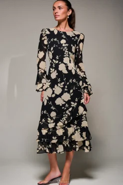 Long Sleeve Frill Chiffon Midaxi Dress Black Floral