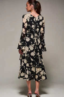 Long Sleeve Frill Chiffon Midaxi Dress Black Floral