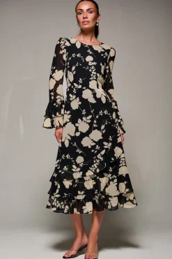 Long Sleeve Frill Chiffon Midaxi Dress Black Floral