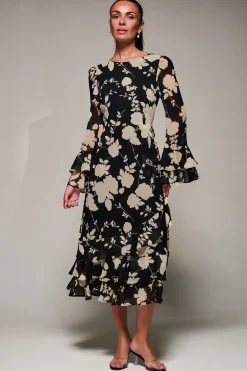 Long Sleeve Frill Chiffon Midaxi Dress Black Floral