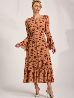 Long Sleeve Frill Chiffon Midaxi Dress Coral Floral