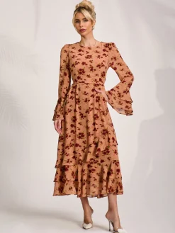 Long Sleeve Frill Chiffon Midaxi Dress Coral Floral