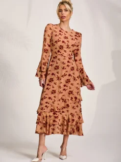 Long Sleeve Frill Chiffon Midaxi Dress Coral Floral