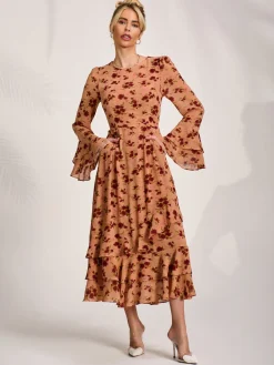 Long Sleeve Frill Chiffon Midaxi Dress Coral Floral