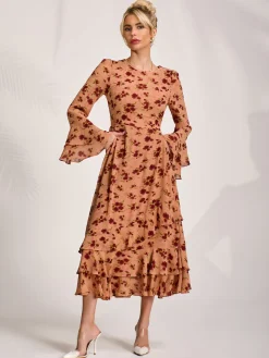 Long Sleeve Frill Chiffon Midaxi Dress Coral Floral