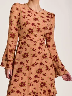 Long Sleeve Frill Chiffon Midaxi Dress Coral Floral