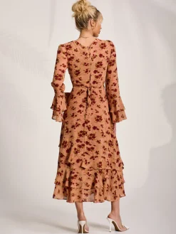 Long Sleeve Frill Chiffon Midaxi Dress Coral Floral