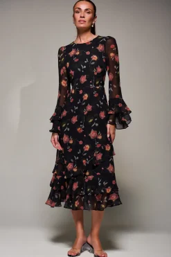 Long Sleeve Frill Chiffon Midaxi Dress, Floral Abstract