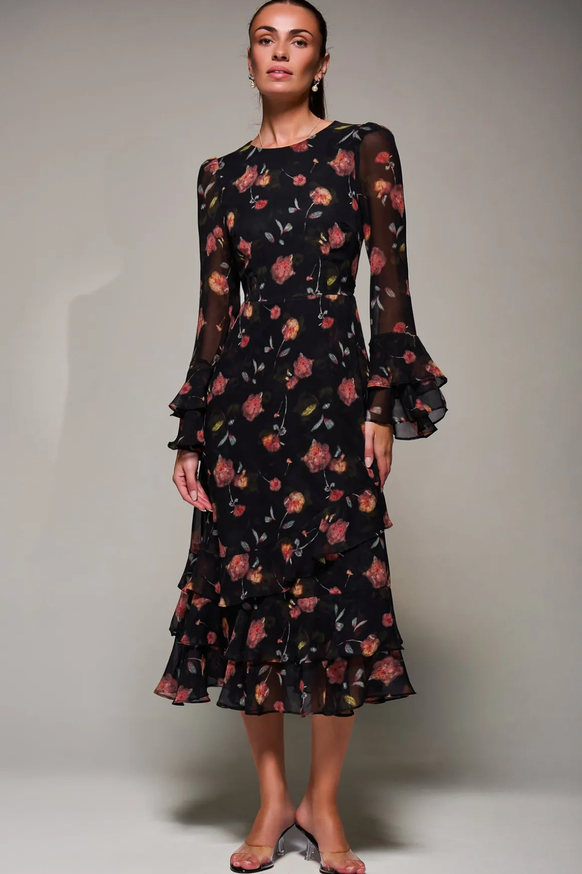 Long Sleeve Frill Chiffon Midaxi Dress, Floral Abstract