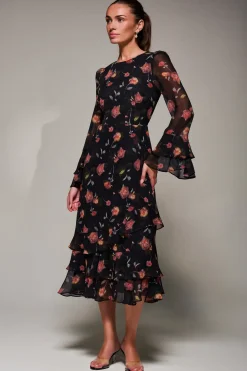 Long Sleeve Frill Chiffon Midaxi Dress, Floral Abstract