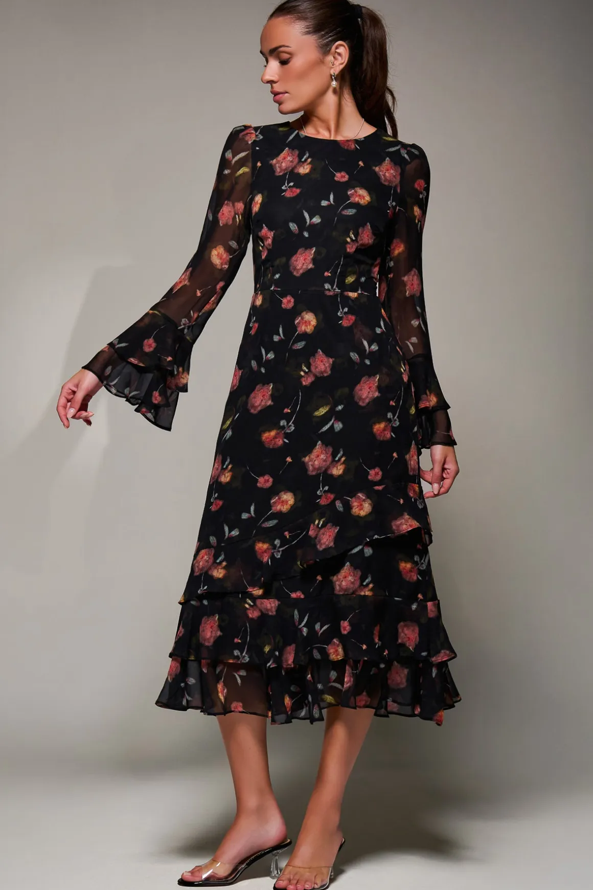 Long Sleeve Frill Chiffon Midaxi Dress, Floral Abstract