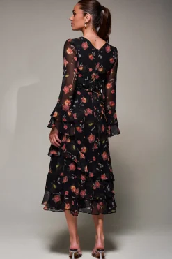 Long Sleeve Frill Chiffon Midaxi Dress, Floral Abstract