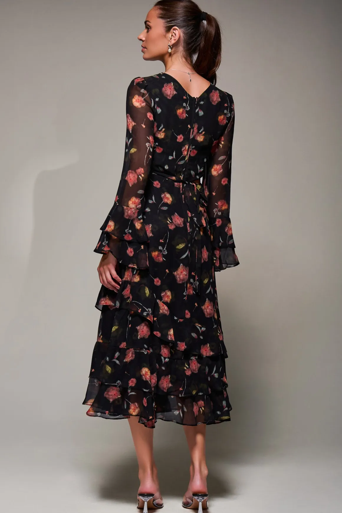 Long Sleeve Frill Chiffon Midaxi Dress, Floral Abstract