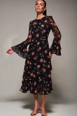 Long Sleeve Frill Chiffon Midaxi Dress, Floral Abstract