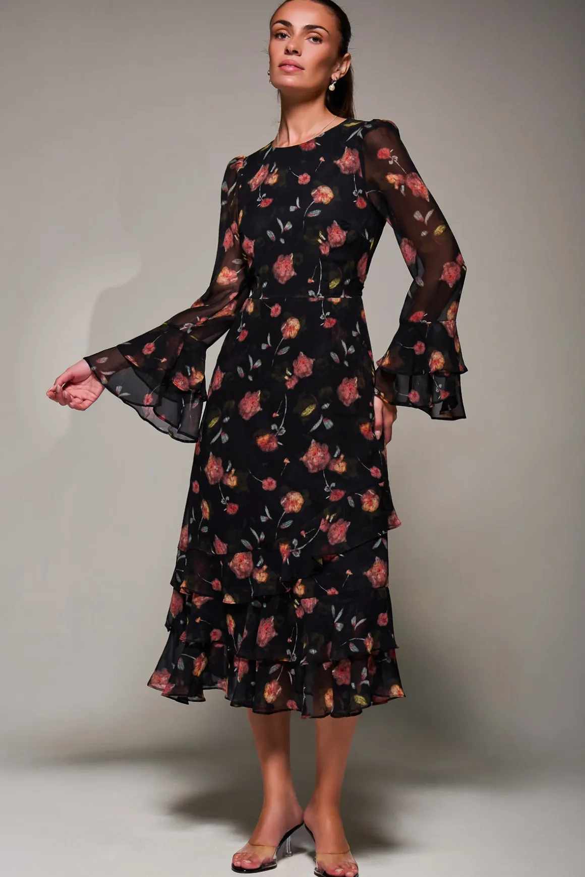 Long Sleeve Frill Chiffon Midaxi Dress, Floral Abstract