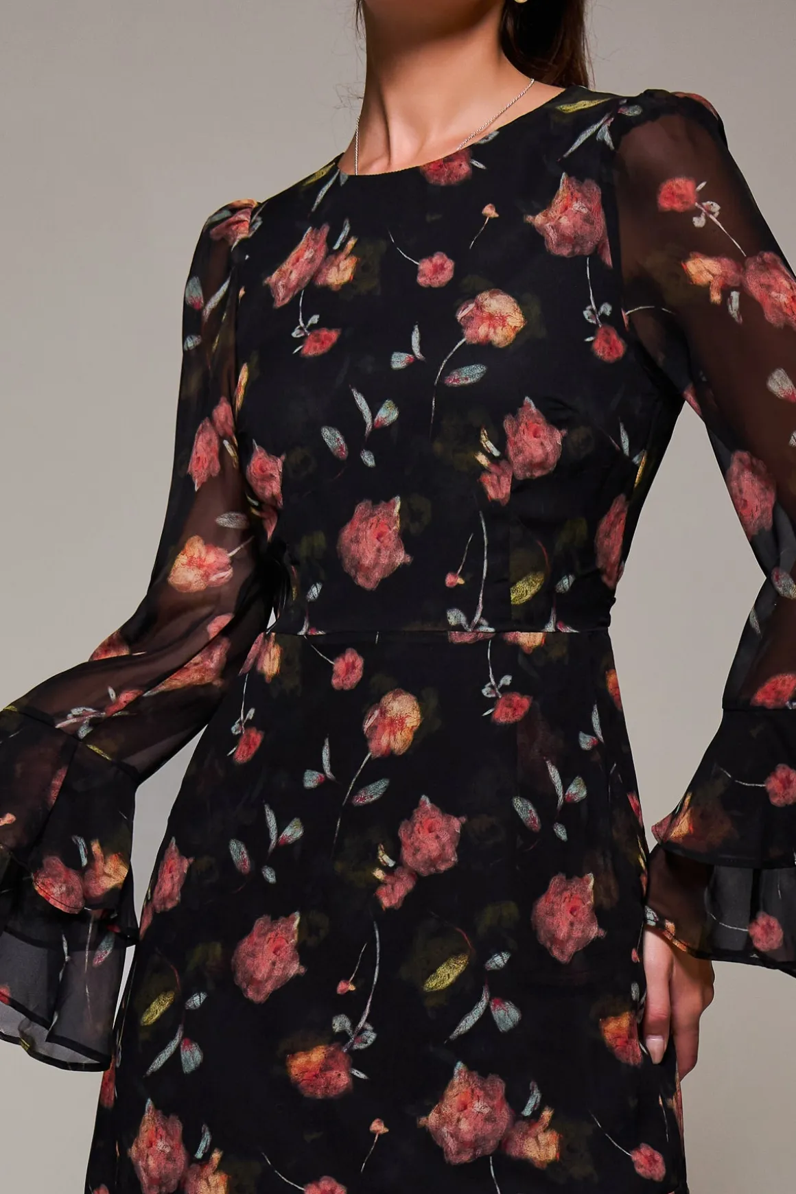 Long Sleeve Frill Chiffon Midaxi Dress, Floral Abstract