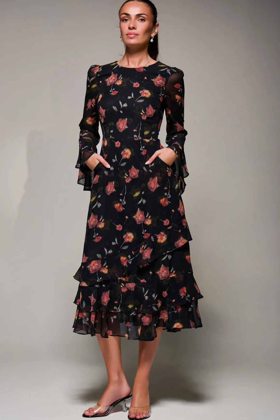 Long Sleeve Frill Chiffon Midaxi Dress, Floral Abstract