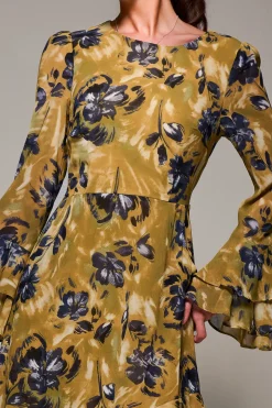 Long Sleeve Frill Chiffon Midaxi Dress Yellow Floral