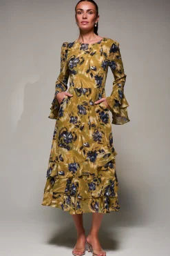 Long Sleeve Frill Chiffon Midaxi Dress Yellow Floral