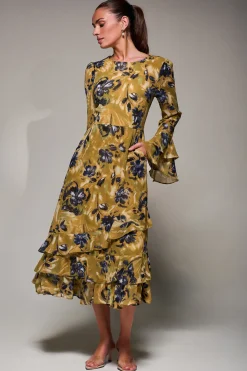 Long Sleeve Frill Chiffon Midaxi Dress Yellow Floral