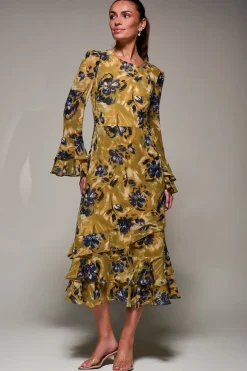 Long Sleeve Frill Chiffon Midaxi Dress Yellow Floral