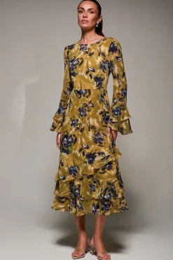 Long Sleeve Frill Chiffon Midaxi Dress Yellow Floral