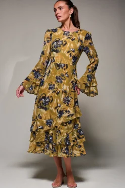 Long Sleeve Frill Chiffon Midaxi Dress Yellow Floral