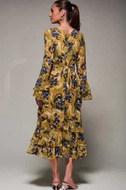 Long Sleeve Frill Chiffon Midaxi Dress Yellow Floral