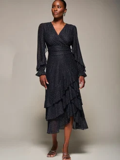 Long Sleeve Frill Detail Mesh Maxi dress, Black Spot
