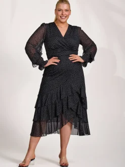 Long Sleeve Frill Detail Mesh Maxi dress, Black Spot
