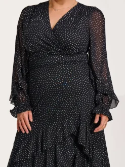 Long Sleeve Frill Detail Mesh Maxi dress, Black Spot