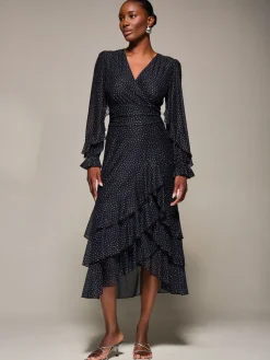 Long Sleeve Frill Detail Mesh Maxi dress, Black Spot