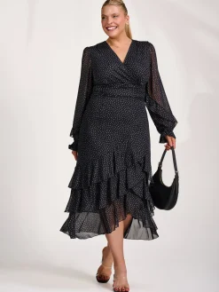 Long Sleeve Frill Detail Mesh Maxi dress, Black Spot
