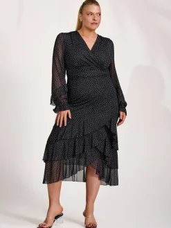 Long Sleeve Frill Detail Mesh Maxi dress, Black Spot