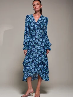 Long Sleeve Frill Detail Mesh Maxi dress, Blue Floral