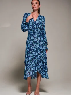 Long Sleeve Frill Detail Mesh Maxi dress, Blue Floral