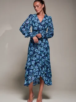 Long Sleeve Frill Detail Mesh Maxi dress, Blue Floral