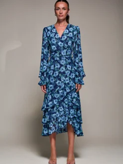 Long Sleeve Frill Detail Mesh Maxi dress, Blue Floral