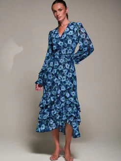 Long Sleeve Frill Detail Mesh Maxi dress, Blue Floral
