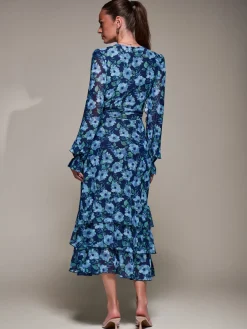 Long Sleeve Frill Detail Mesh Maxi dress, Blue Floral