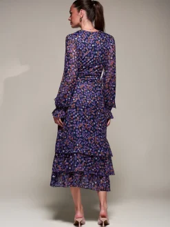 Long Sleeve Frill Detail Mesh Maxi dress, Navy Floral