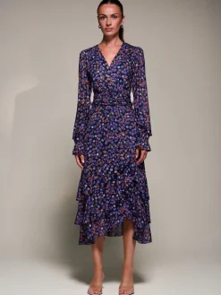 Long Sleeve Frill Detail Mesh Maxi dress, Navy Floral