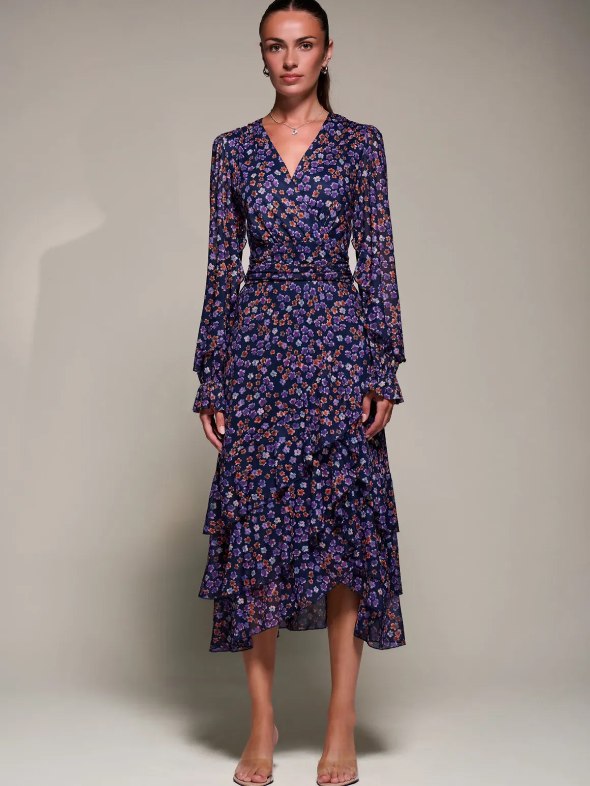 Long Sleeve Frill Detail Mesh Maxi dress, Navy Floral