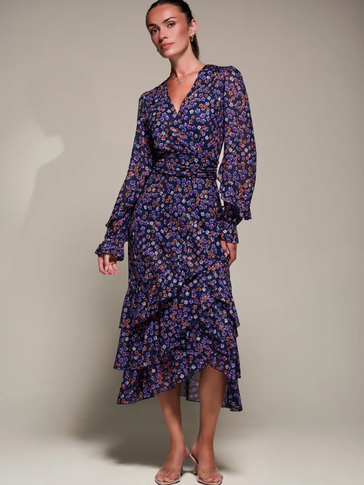 Long Sleeve Frill Detail Mesh Maxi dress, Navy Floral