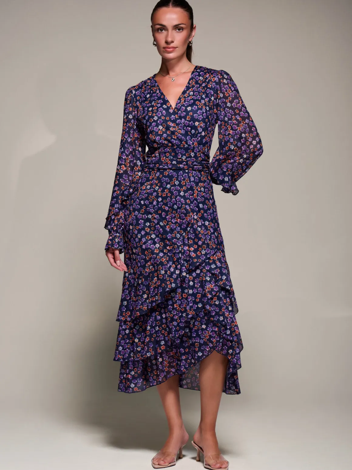 Long Sleeve Frill Detail Mesh Maxi dress, Navy Floral