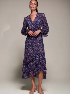 Long Sleeve Frill Detail Mesh Maxi dress, Navy Floral