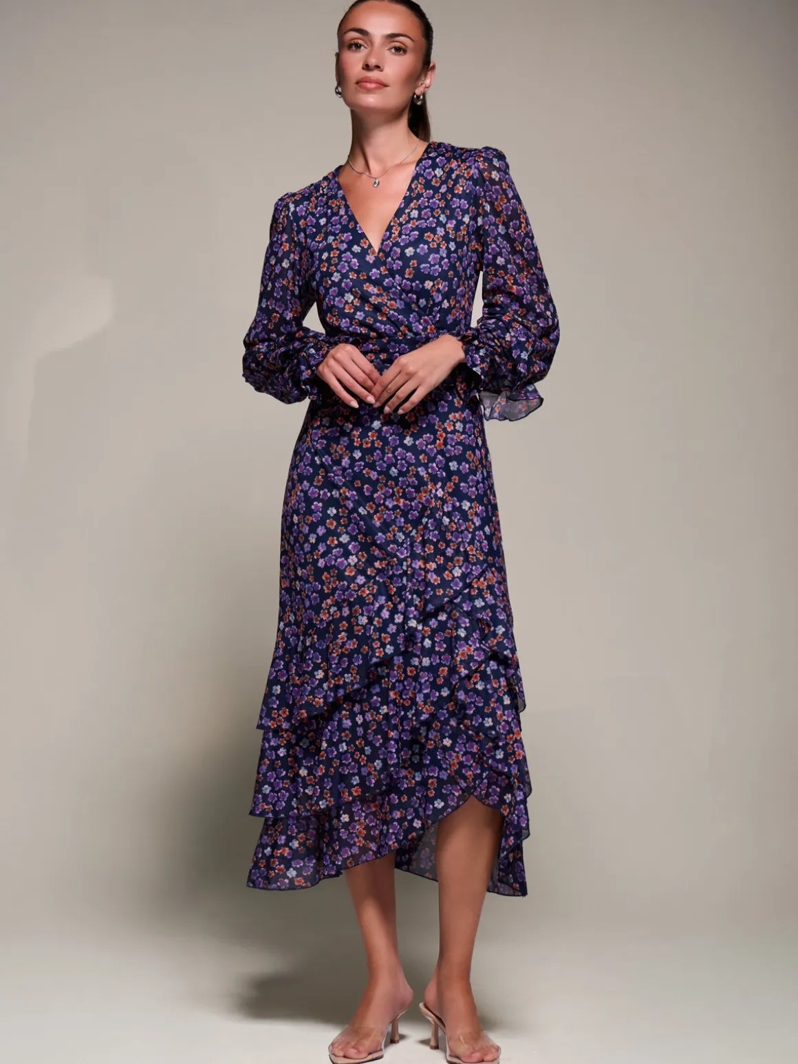 Long Sleeve Frill Detail Mesh Maxi dress, Navy Floral