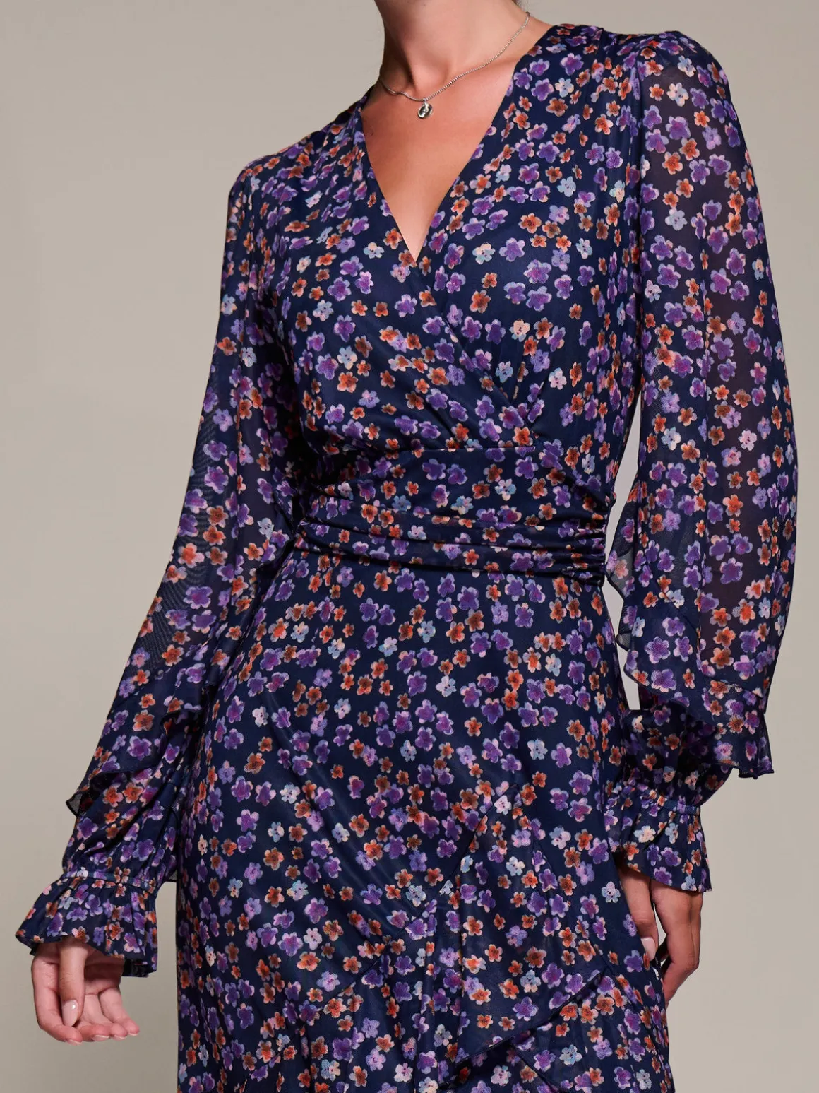 Long Sleeve Frill Detail Mesh Maxi dress, Navy Floral