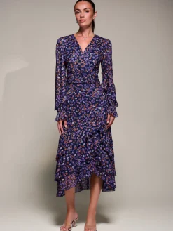 Long Sleeve Frill Detail Mesh Maxi dress, Navy Floral