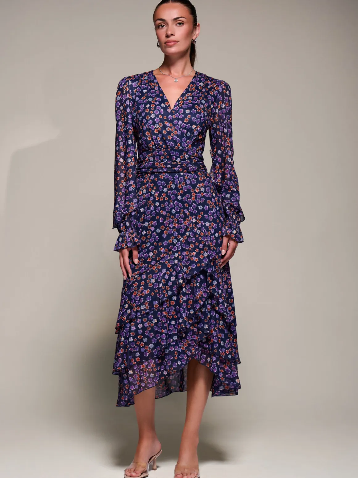 Long Sleeve Frill Detail Mesh Maxi dress, Navy Floral